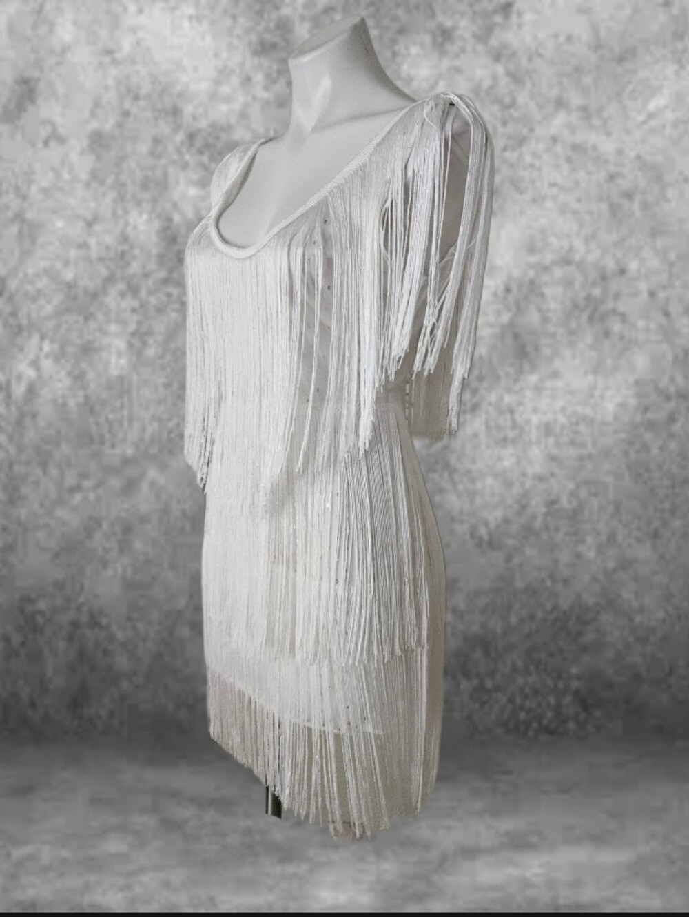 White Fringe Shift Dress with Scoop Neck Siver Specks M - Picture 4 of 7